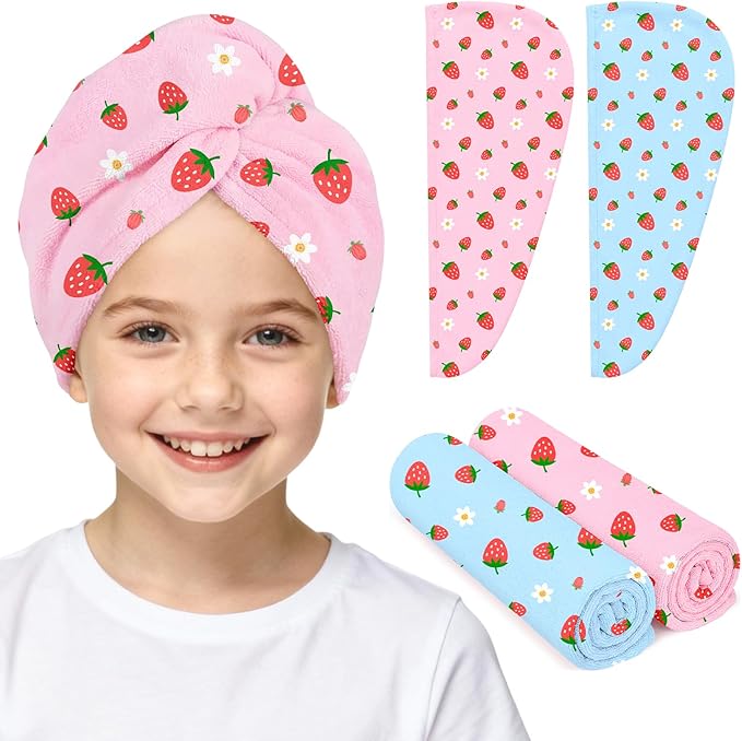 Microfiber Hair Towel Wrap for Kids 2 Pack Quick Drying Hair Towels with Button Hair Turbans for Wet Hair Absorbent Quick Dry Wraps Head Towel Wrap for Women and Girls, Pink Blue Strawberry