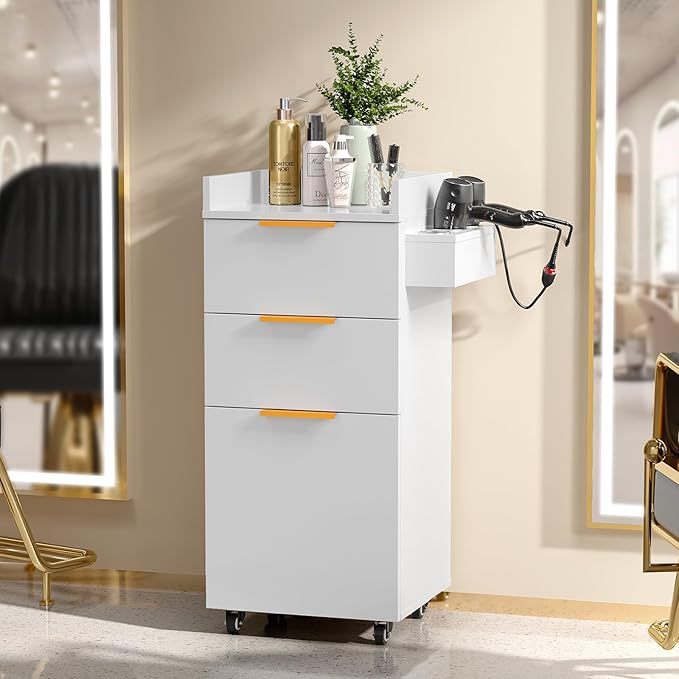 OmySalon Salon Cart with Wheels, 3-Tier Rolling Hair Styling Station, 2 Drawers & Adjustable Shelf, Hair Dryer Holder, Mobile Organizer for Salon, Barber, Spa, Nail & Beauty Tools, White