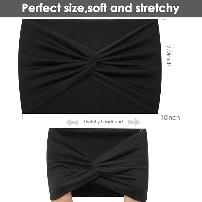 HAUHC Extra Wide Headbands for Women, 7'' Large Cotton Like Turban Knotted Bandana Head Bands for Women Non Slip, Boho Headbands for Women's Hair (All Black-6Pcs, Extra Large 7" Wide)