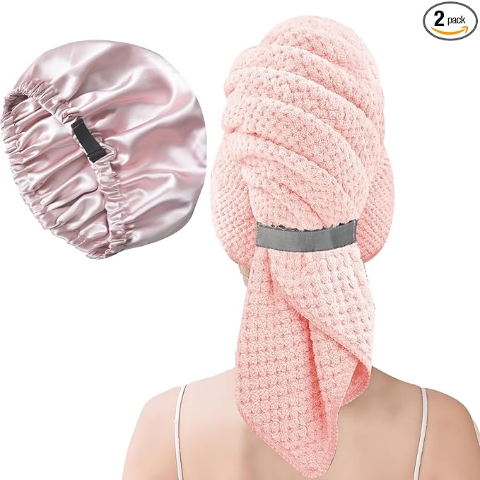 Large Microfiber Hair Towel Wrap & Satin Bonnet Set for Women, Ultra Absorbent Turban 24x42 Inches & Adjustable Night Cap for Curly Hair, Prevents Frizz & Breakage, Gifts for Women