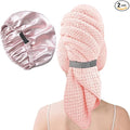Large Microfiber Hair Towel Wrap & Satin Bonnet Set for Women, Ultra Absorbent Turban 24x42 Inches & Adjustable Night Cap for Curly Hair, Prevents Frizz & Breakage, Gifts for Women