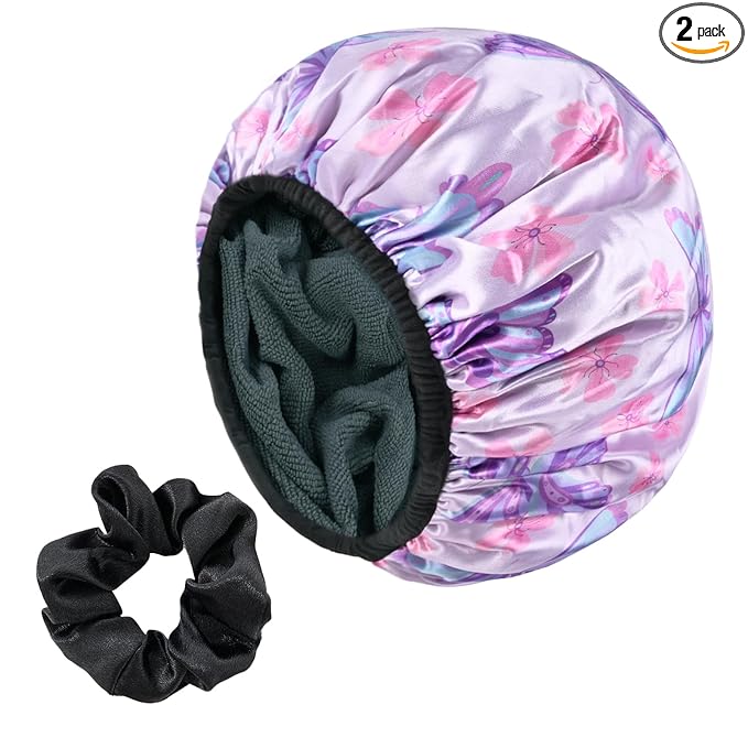 Purple Butterfly Print Satin Shower Cap, Three-Layer Terry Cloth Lined, with Silk Hair Ties, Microfiber Waterproof Reusable Large Size Shower Cap for Women Long Thick Hair