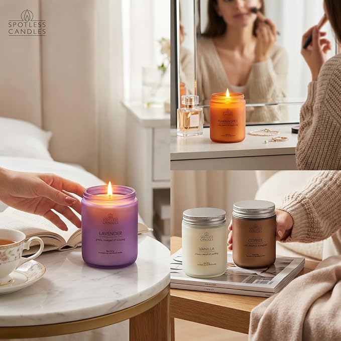Candles for Women - 4 x 8oz Colored Glass Jars (3.7" H x 2.87" Dia) Mixed Set of Classic Scents Pumpkin Spice, Coffee, Vanilla, Lavender, 200 Hours Burn Time, Classic Candle Set by Spotless Leopard