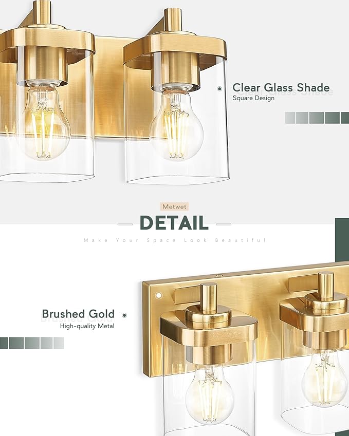 Bathroom Light Fixtures Over Mirror, 3-Light Brushed Gold Vanity Light with Square Clear Glass Shade, Modern Wall Sconces, Vanity Lighting Fixtures, VL194-BG-3
