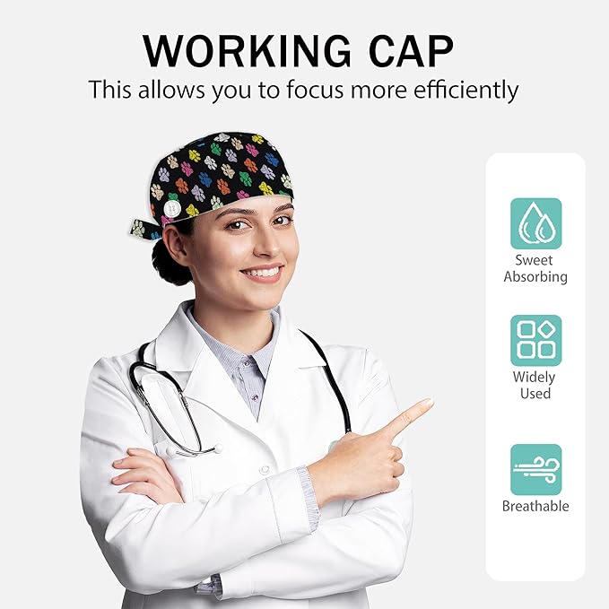 2 Pcs Working Cap with Sweatband for Women Men, Adjustable Cleaning Working Hats, Nurse Surgical Caps