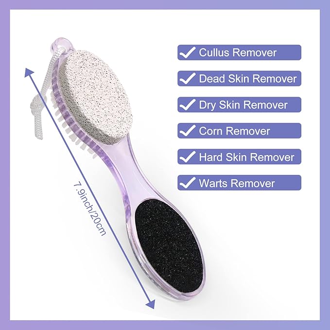 2-Pack 4 in 1 Pedicure Tool Callus Remover - Foot Scrubber with Pumice Stone, Cleaning Brush, Metal Rasp & Sandpaper for Dead Skin and Shower (Lilac and Blue)