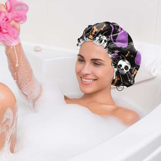 2 PCS Shower Cap Waterproof Double Layer Elastic Adjustable Reusable Hair Bath Caps for Girls Women Cute Aesthetic-Skull Cat