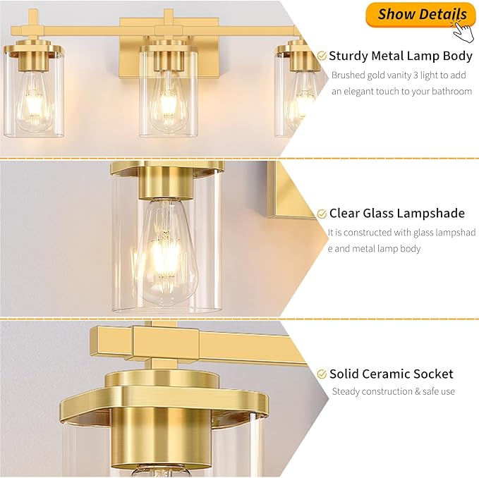 3-Lights Gold Bathroom Light Fixtures, Bathroom Vanity Light Over Mirror, Brushed Gold Wall Lights with Glass Shades, Indoor Wall Mounted Lamp for Living Room Bedroom Hallway