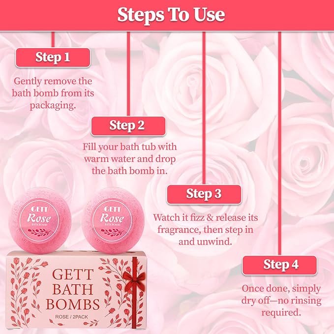 GETT Rose Bath Bombs 2 Pack (60g Each), Individually Wrapped Bath Bomb Gift Set for Women, Bubble Bath Aromatherapy, Spa Gifts, Self Care Gifts, Relaxing Moisturizing
