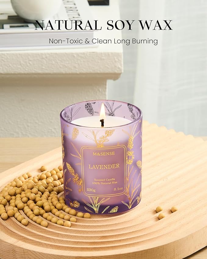 M&SENSE Vegan Soy Lavender Scented Candle, 8.1oz 42H Non-Toxic Long Burning, Calming Bathtub & Sleep Aromatherapy, Relaxing Perfect for Moms Womens