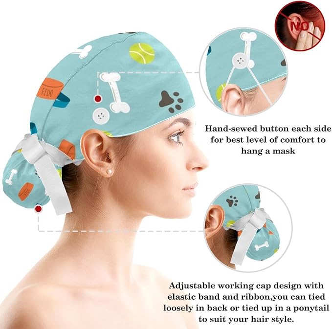 Ethnic Aztec Pattern Adjustable Scrub Cap Hat with Button, Working Hat Sweatband with Bow Hair Scrunchy for Woman