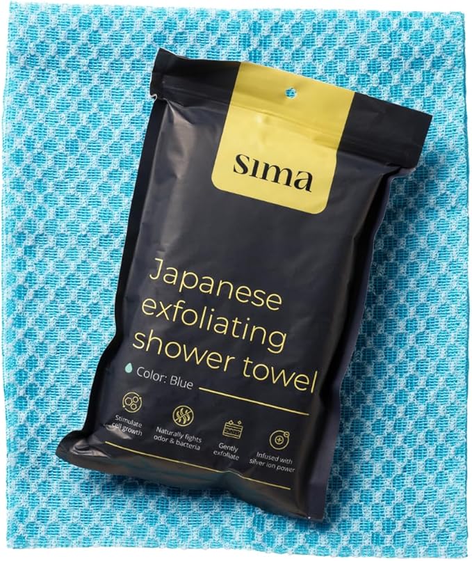Sima Brand Exfoliating Washcloth Face & Body Scrub Towel - Japanese Exfoliating Towel with Hexagon Fibers, Body Scrubber with 2 Sides for Scrubbing & Washing, Extra Long Body Towels (Blue)