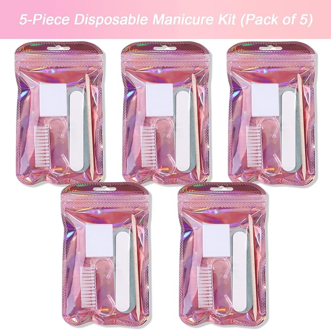 5-Piece Disposable Manicure Kit, Bulk Mini Nail Care Set with Nail Files, Buffer, Cuticle Pusher & Cleaning Brush, Pedicure Salon Supplies, Party Favors, Limas Desechables para Uñas