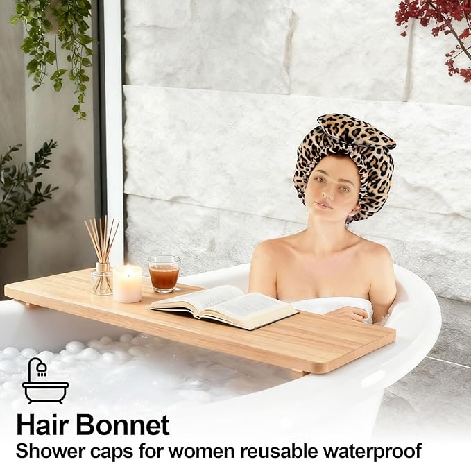 ELEBOX Extra Large Shower Cap for Braids/Curly Hair/Dreadlock | Reusable Waterproof Long Bonnets for Women Bath/Swim/Cooking/Cleaning/Spa | XL Bathing Cap with Adjustable Drawstring & Button, Leopard