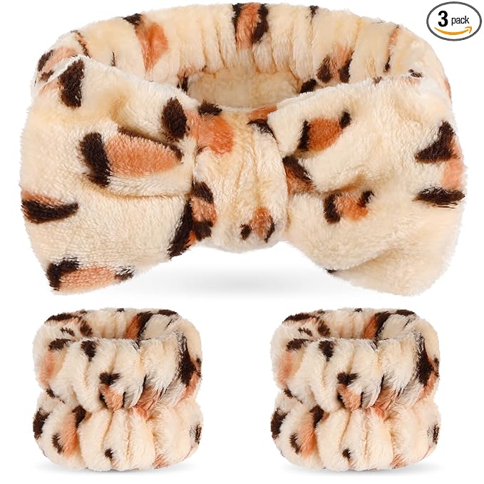 Hanaive 3 Pcs Spa Headband and Wristbands Set for Washing Face Makeup Skincare Hair Band Skin Care Accessories Tools for Women Gifts(Leopard)