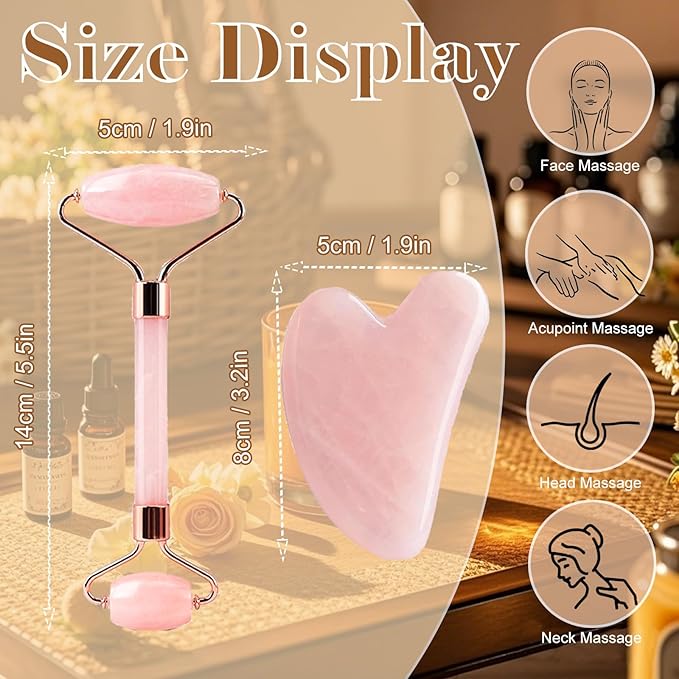 Gua Sha Facial Massage Tool and Roller Set, Facial Massager for Face, Neck, Arms, Eyes, Reduce Puffiness, Improve Wrinkles, Daily Self-Care Gift for Men and Women Emerald Green Pink White