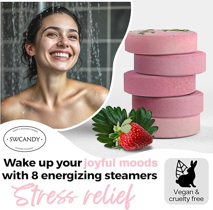 SWCANDY Shower Steamers Aromatherapy Birthday Gifts for Women Travel Essentials, 8 Pcs Strawberry, Bath Bombs Shower Bombs with Natural Essential Oils, Relaxation Home SPA