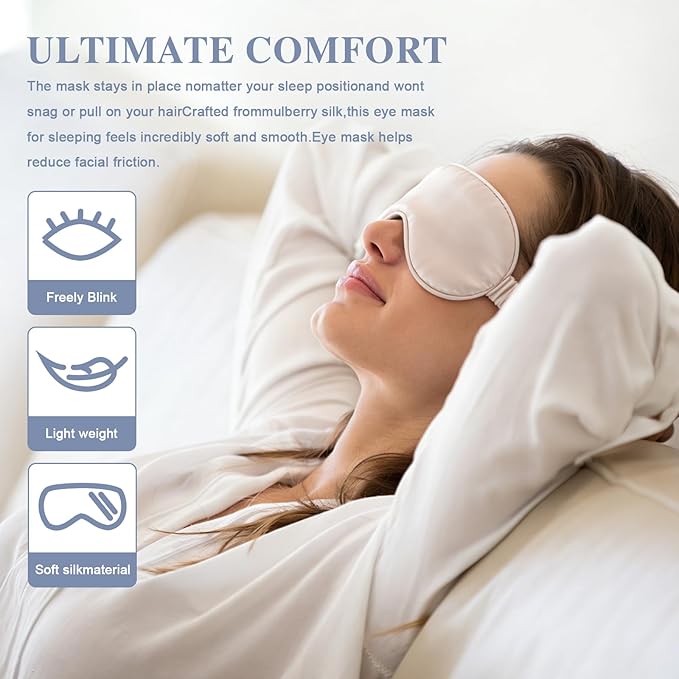 Silk Sleep Mask,Eye Mask for Sleep Women Men,Mulberry Sleeping Mask with Adjustable Strap,Blindfold Blackout Eye Mask for Travel and Full Night's Sleep,Nap