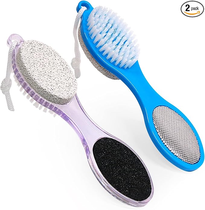 2-Pack 4 in 1 Pedicure Tool Callus Remover - Foot Scrubber with Pumice Stone, Cleaning Brush, Metal Rasp & Sandpaper for Dead Skin and Shower (Lilac and Blue)