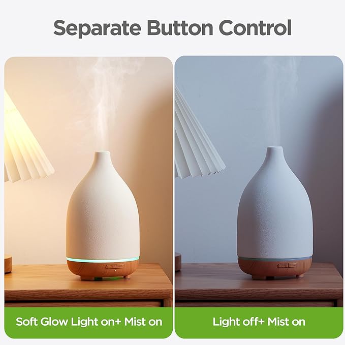 InnoGear Oil Diffuser, 150ML Ceramic Diffuser for Essential Oils Handcrafted Aromatherapy Diffuser Mother's Gift Ultrasonic Cool Mist Humidifier with 2 Mist Modes Waterless Auto Off for Home, White