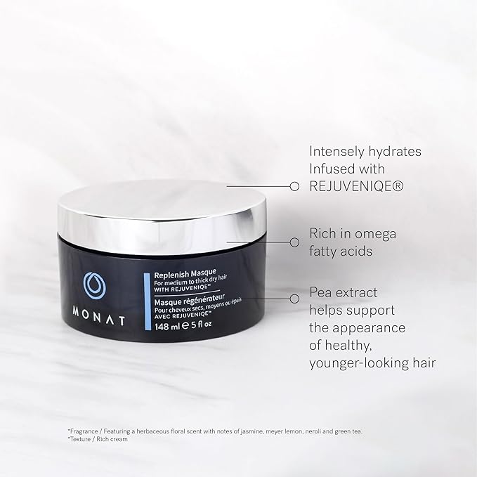 MONAT Replenish™ Masque Infused with Rejuveniqe® - Hair Masque that Deeply Condition Medium to Thick Hair. Hydrating Hair Mask w/Pea Extract & Vegan UV Protectant - Net Wt. 148 ml ℮ 5.0 fl. oz.