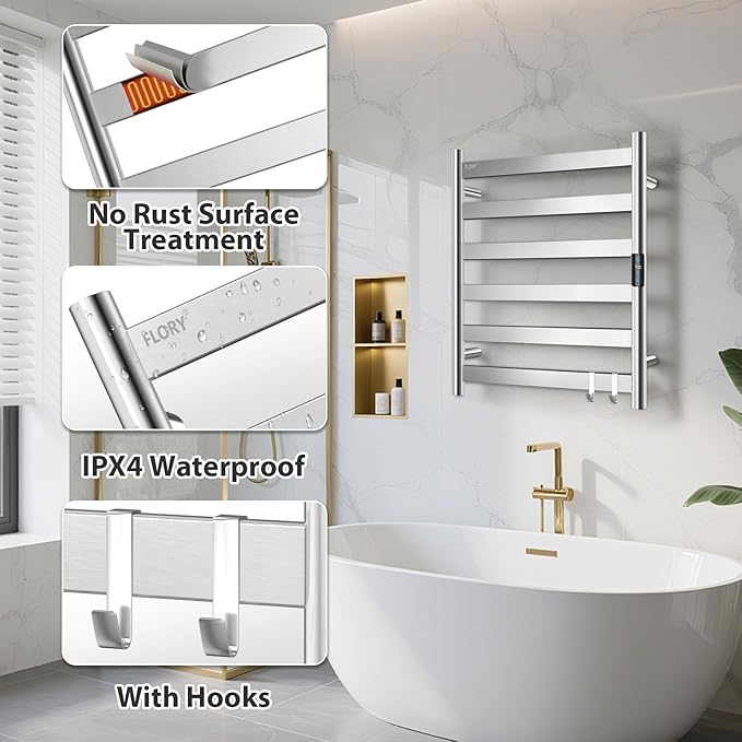 R FLORY Heated Towel Rack for Bathroom, 6 Bar Wall Mounted Towel Warmer Rack Flat with Timer & Temperature, Electric Towel Heater with LED Display Screen, Plug-in