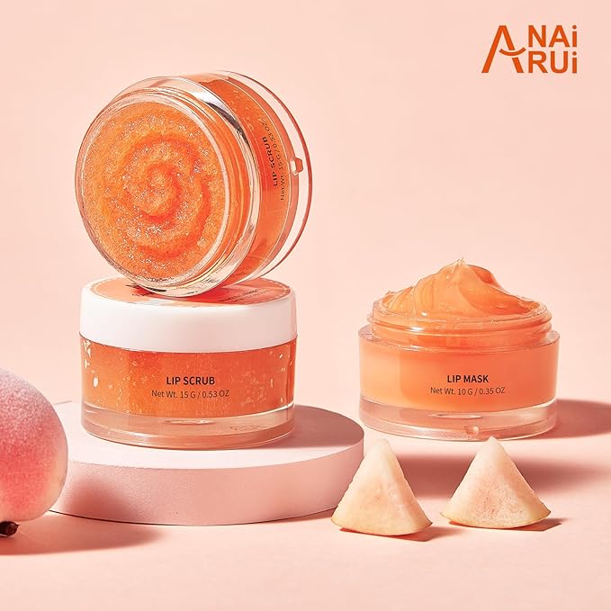 ANAI RUI Lip Scrub & Mask Set, Lip Scrubber Exfoliator, Lip Sugar Scrub, Lip Sleeping Mask, Moisturizering for Dry, Chapped, Dark Lips, Overnight Lip Mask, Peach, Mothers Day Gifts
