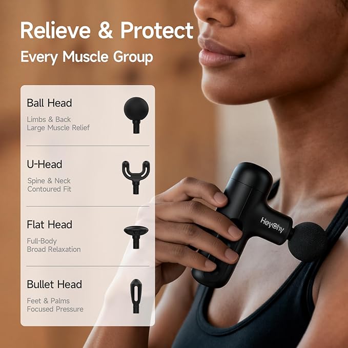 HEYCHY Super Mini Massage Gun Deep Tissue, Handheld Muscle Massager with 4 Heads, Percussion Travel Size Massager Gun for Back Pain Relief, Quiet for Home, Gym, Office, Perfect for Men & Women, Black