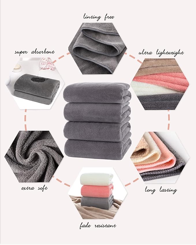 Lumimi Towels 4 Soft Microfiber Bath Towel Set Salon Gym Yoga Travel Super Absorbent Light Dry Fast Durable, 55" L x 27" W, 4 Piece Dark Grey