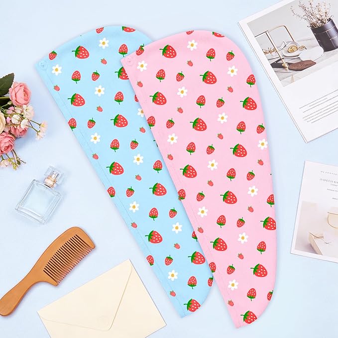 Microfiber Hair Towel Wrap for Kids 2 Pack Quick Drying Hair Towels with Button Hair Turbans for Wet Hair Absorbent Quick Dry Wraps Head Towel Wrap for Women and Girls, Pink Blue Strawberry