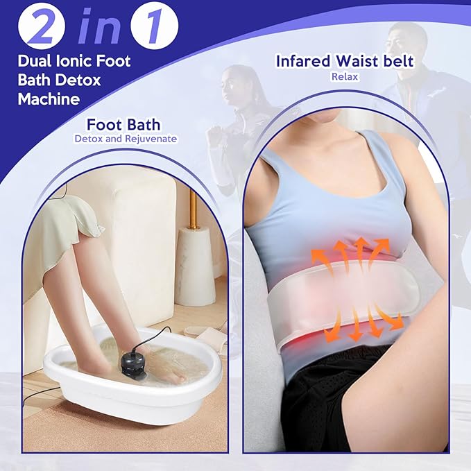 Veicomtech Dual Ionic Foot Bath Detox Machine, 2 in 1 Foot Detox Machine, Detox Foot Bath with LCD Display, Ionic Foot Spa for Two with Heating Belt and Wristband