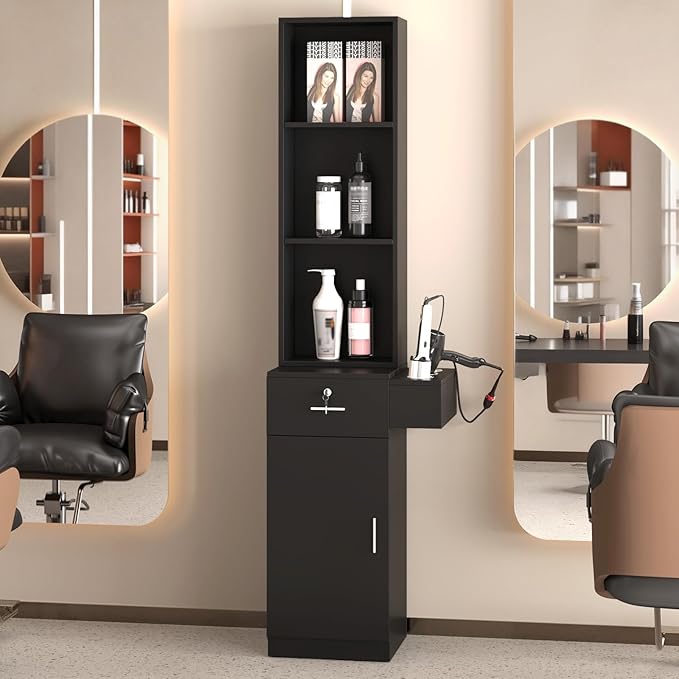 mefeir Salon Station, Barber Hair Stylist Storage Cabinet with Lockable Drawer, 5 Compartments & Shelf, Durable MDF, Organizer Equipment for Beauty Salon, Barbershop, Upgrade Black