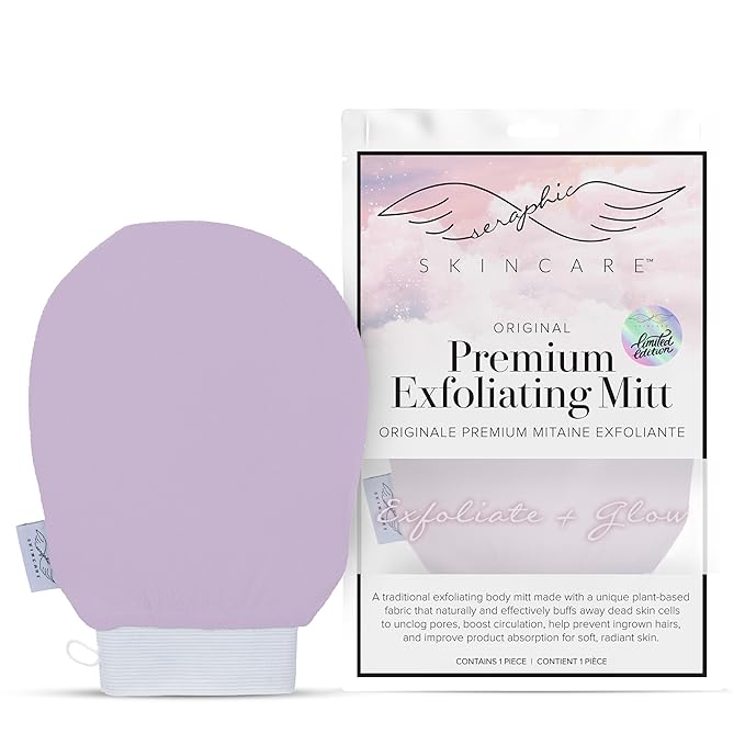 Seraphic Skincare (Lavender) Premium Exfoliating Mitt for Body (1pc) – 100% Vegan Viscose Traditional Body Scrub Glove Kessa Korean Washcloth – Body Exfoliator for Self-Tan Removal & Keratosis Pilaris