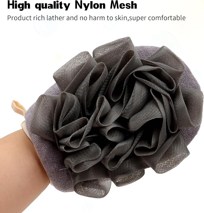 3 Pack Bath Loofah Body Sponge Brushes Loofah Exfoliating Glove Bath Shower Glove with Flower Bath Ball Bath Shower Loofah Sponge for Women and Men (Gray)