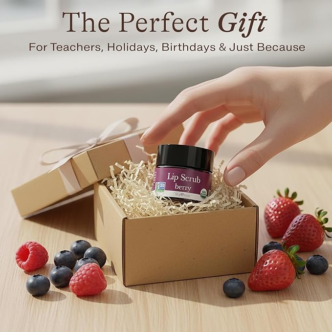 USDA Organic Lip Scrub Berry - USA Made with Natural Ingredients, Moisturizing Scrub Exfoliator for Dry Lips, Lip Sugar Scrubber Exfoliator for Smooth Lips, Small Beauty Gifts
