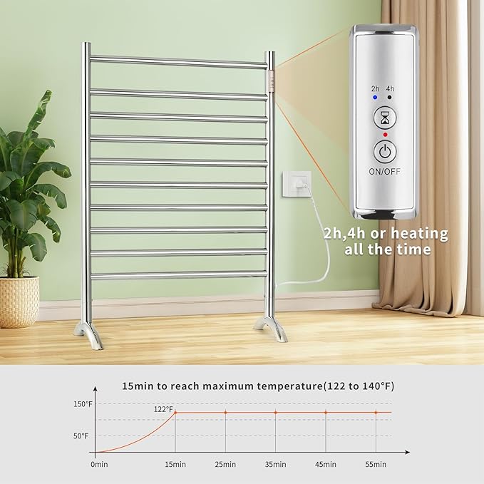 Freestanding Towel Warmer 10 Bars Plug-in Option 3 Working Modes Mirror Polished Stainless Steel 24" W 34" H