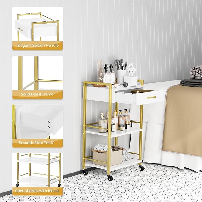 OmySalon Salon Trolley Cart with Wheels, Esthetician Cart with 1 Drawer & 2 Trays, Mobile Storage Organizer for Beauty Spa Massage Tattoo Esthetic Facial Tool Holder Station, White Gold