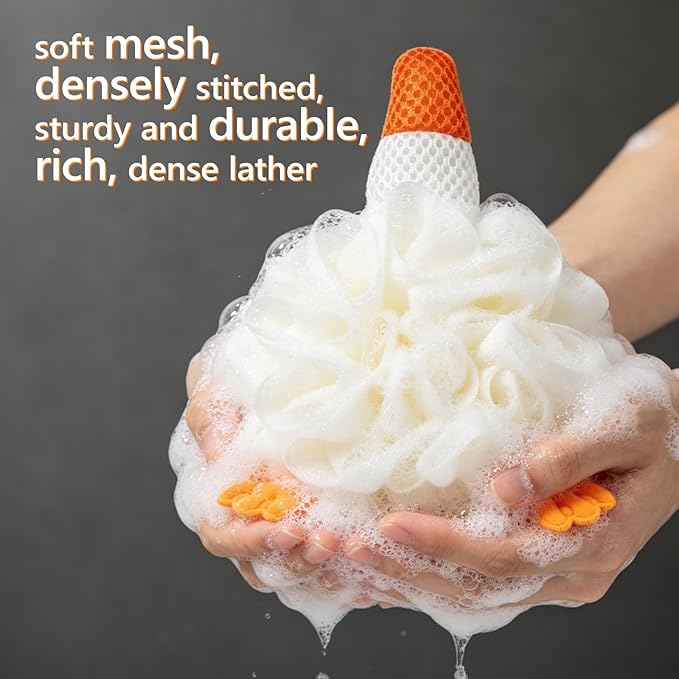 Kids Loofah, Cute Cartoon Animal Kids Bath Sponge with Hanging Rope, Soft Double Mesh for Rich Lather (Big White Goose)
