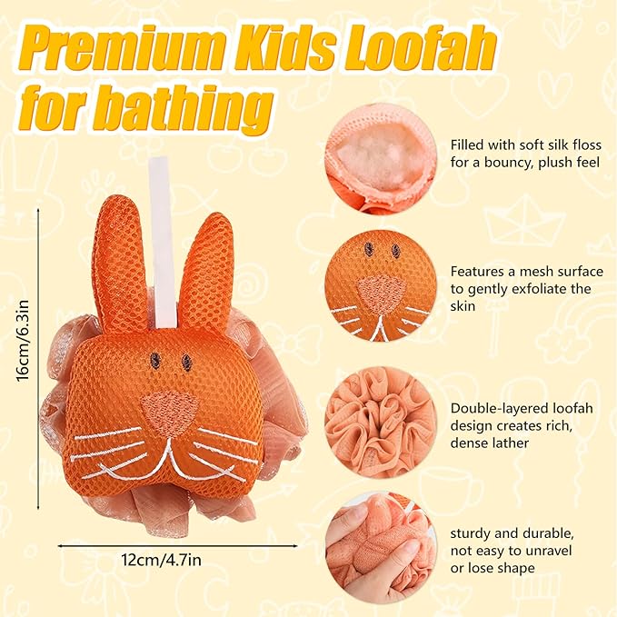 Kids Loofah, Cute Cartoon Animal Kids Bath Sponge with Hanging Rope, Soft Double Mesh for Rich Lather (Little Orange Rabbit)