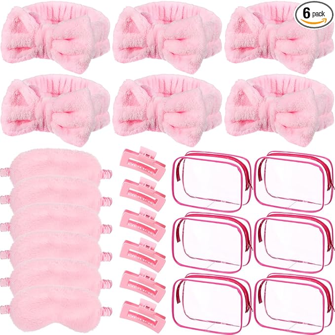 Hoteam 24 Pcs Spa Party Favors Supplies 6 Spa Headband 6 Plush Sleep Eye Mask 6 Hair Claw Clips 6 Clear Cosmetic Bags for Adult Sleepover Slumber Party Graduation Gift(Pink)