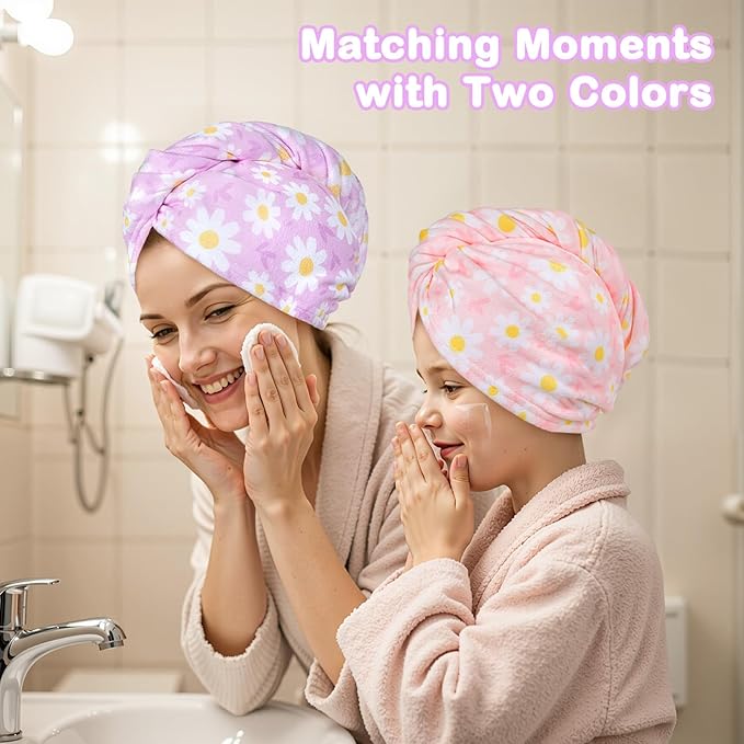 FIOBEE Microfiber Hair Towel Wrap for Kid Rapid Drying Towel Absorbent Hair Turbans for Wet Hair with Button Women Girls Long Curly Hair Pack of 2, Pink/Purple Flowers