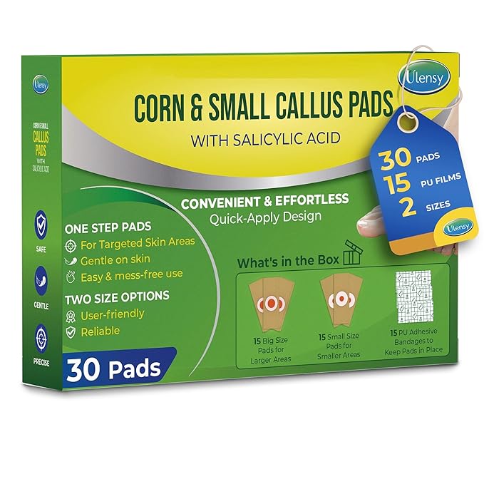 Ulensy Corn Remover Pads for Feet Toes: 30-Pack Salicylic Acid Extra Strength Treatment - Fast Effective Medicated Bandages for Kids Adults Seniors Teens Athletes Runners Hikers Workers Men Women