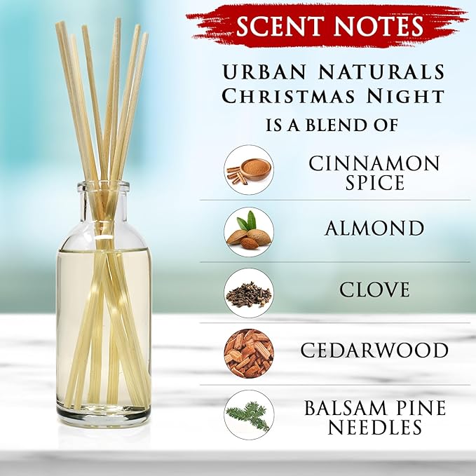 Urban Naturals Christmas Night Reed Diffuser Set - Cinnamon Spice, Almond, Clove, Cedarwood, Fresh Balsam and Fir Needle - Made in the USA