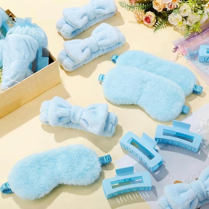 48 Pcs Spa Party Supplies Sleepover Essentials Gift for Mother's Day Spa Headband Plush Eye Mask Claw Clips Organza Bag for Women Adult Slumber Party Supplies (Blue)