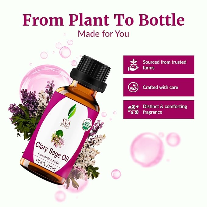 SVA Clary Sage Essential Oil Organic – 1/3 Fl Oz – 100% Natural Organic Clary Sage Oil - for Diffuser, Hair Care, Face, Skin Care, Aromatherapy, Scalp and Body Massage, Soap and Candle Making