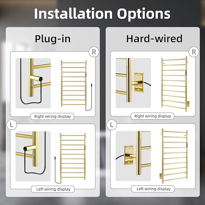 P&Dlusir Towel Warmer, Heated Towel Rack with Smart Timer and Thermo Control, Wall-Mounted Heated Towel Rail, Stainless Steel, Hard-Wired/Plug-in, Polished Gold, 10 bar