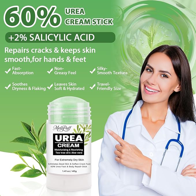 60% Urea Cream Stick with 2% Salicylic Acid, Tea Tree & Aloe Vera - Maximum Strength Foot Cream for Dry Cracked Heels, Callus Remover, Dead Skin Exfoliator for Hands, Knees, Elbows - 1.41oz