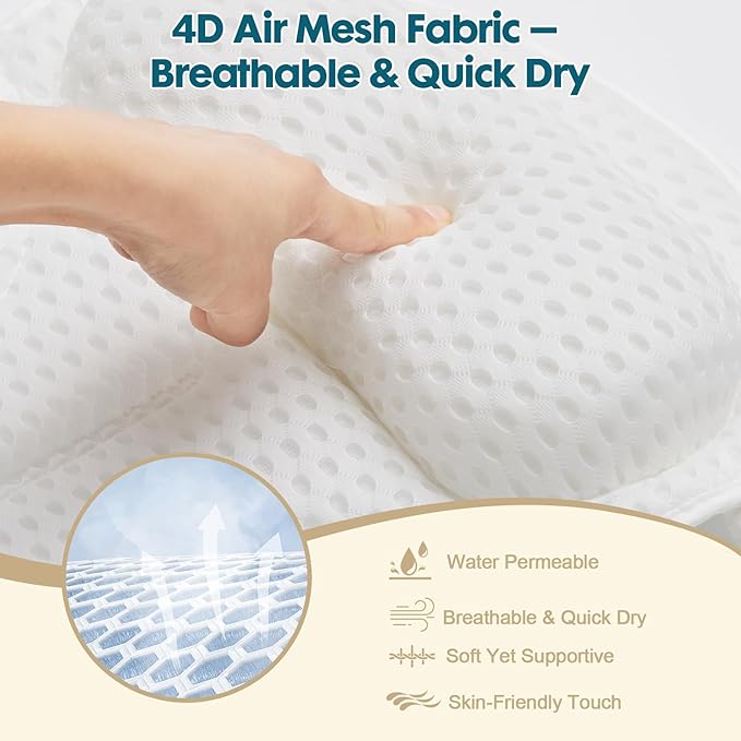 Bath Pillows for Tub – 4D Air Mesh Bathtub Pillow with Head, Neck & Shoulder Support, Larger Size Non-Slip Tub Pillow for Bathtub & Jacuzzi, Bath Tub Pillow with Wash Bag, Gift for Women & Men