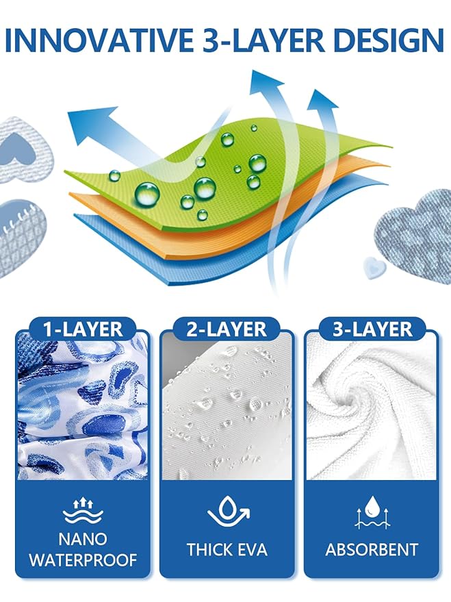 Years calm Terry Lined Shower Cap, Triple Layer Heart Motifs,Waterproof Reusable Elastic,Hair Shower Cap for Women,Terry Cloth Shower Caps for Spa,Clean,Trave (Blue, One Size)