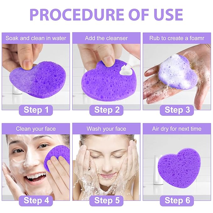 100-Count Compressed Facial Sponges for Estheticians Heart Shape Natural Cellulose Sponge Professional Cosmetic Spa Sponges for Face Cleansing, Massage, Pore Exfoliating, Mask, Makeup Removal, Purple